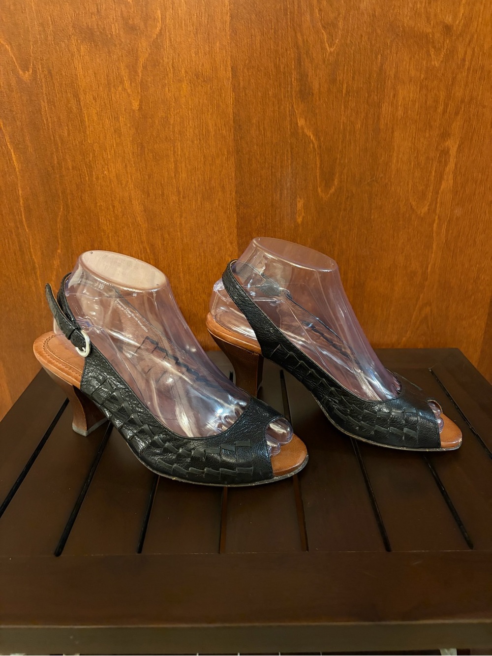New Naya Fandango Black Leather Woven Peep-Toe Slingback Heels - 7
